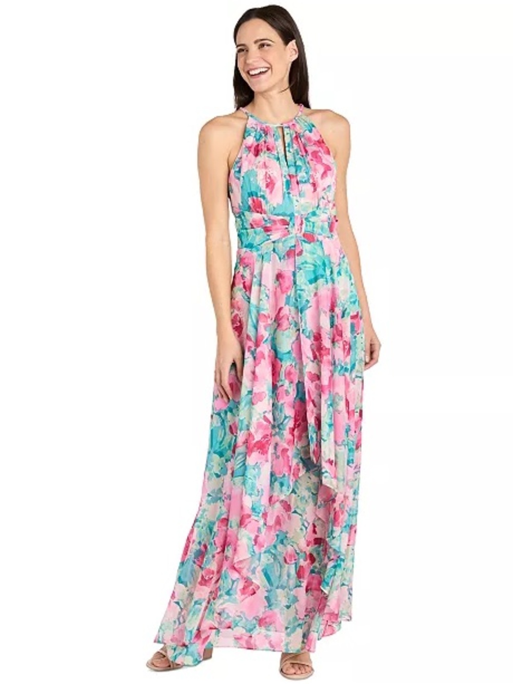 R & M Richards Floral-Print Halter Gown